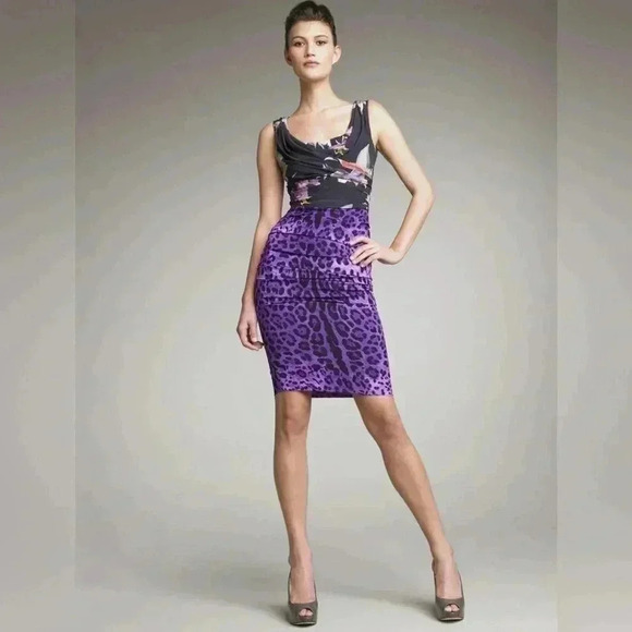 Dolce & Gabbana Leopard Floral Silk Mini Dress 44 M Ruched Draped Purple Black - Picture 5 of 10